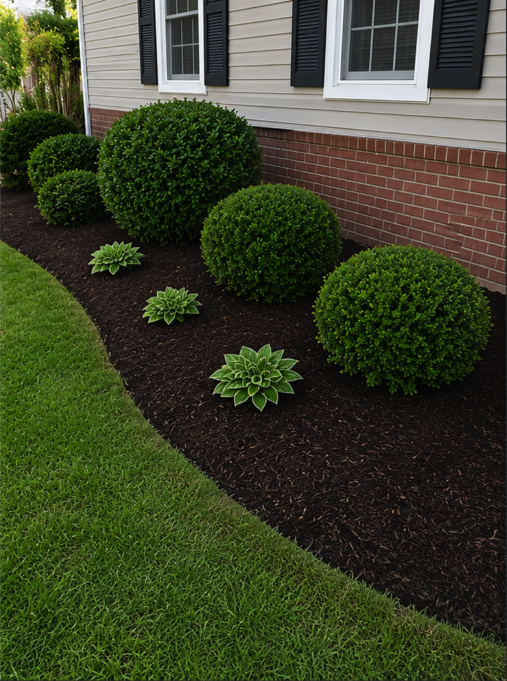 Clean, freshly mulched shrub bed with shaped bushes after cleanup