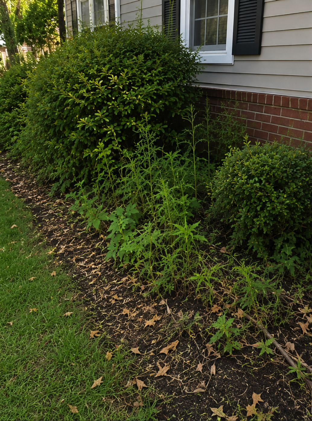 Overgrown, weedy shrub bed before cleanup